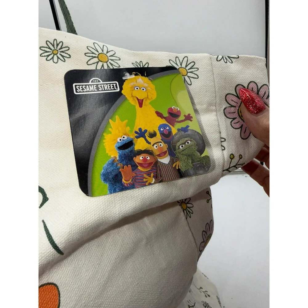 Sesame Street Big Bird Grow Kindness Canvas Tote Bag Floral Cream Green NWT